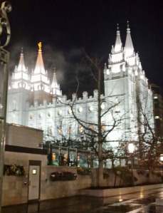 Foggy night view of the Salt Lake City LDS Temple