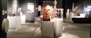 McKissick Museum at University of South Carolina - drum and dugout canoe in Native American Low Country art exhibit