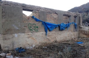 First installation: Blue drape'd graffiti wall, Thistle, Utah ghost town