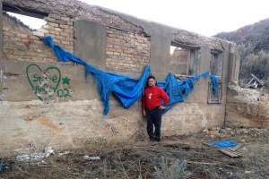 Completed hanging: Blue drape'd graffiti wall, Thistle, Utah ghost town