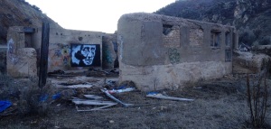 Blank canvas for Blue drape'd graffiti wall, Thistle, Utah ghost town