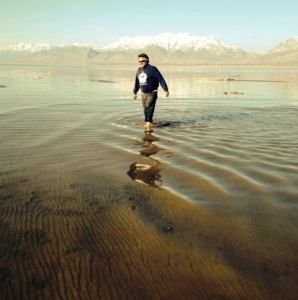 Grounding himself in Utah Lake at Sandy Beach, Mt. Timp in the background