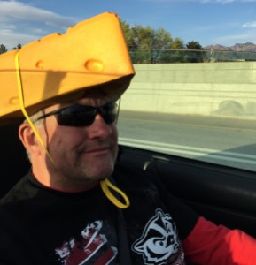 Proudly wearing my Cheesehead, convertible top down, on I-15 after Wisconsin's hoops win sends them to the Final Four!