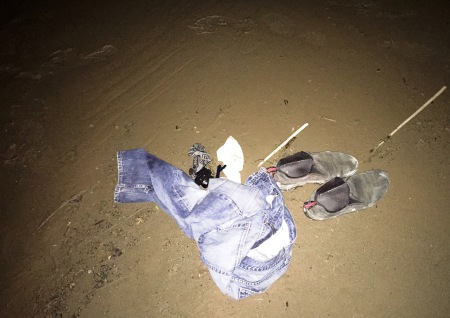 Footprints and piled clothes: Sandy Beach, Utah Lake, May 2015