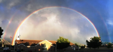 Double rainbow, LDS Church, USA Flag, Springville, UT