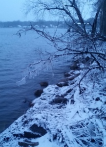 Blue lakeshore, late Spring blizzard, Lake Winneconne, Wisconsin