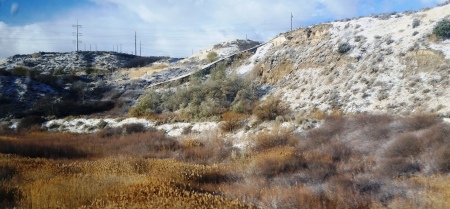 FrontRunner view of the hoarfrost marsh, Jordan River between Lehi and Bluffdale, first snow, Nov. 2016