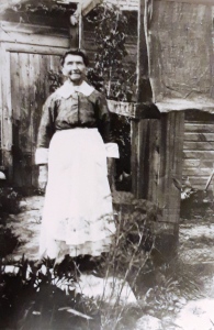 Maria Vogt or Weidt GEERDTS, early 1900s, by her chicken coop in Sheboygan, Wisconsin